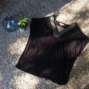dressbarn 2X Black Blouse w/ Jeweled Neckline